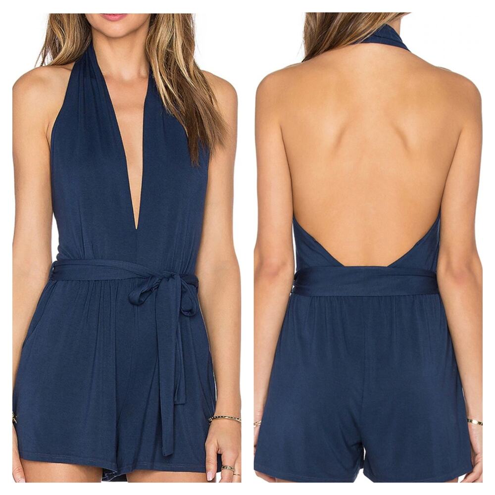 Krisa Revolve Black Siro Micro Modal Halter Romper with Pockets - Size M - NWT